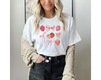 Coquette Shirt Strawberry Shirt Strawberry Tshirt Coquette Clothing Coquette Ribbon Coquette Bow Coquette Top Coquette Clothes Bow Shirt