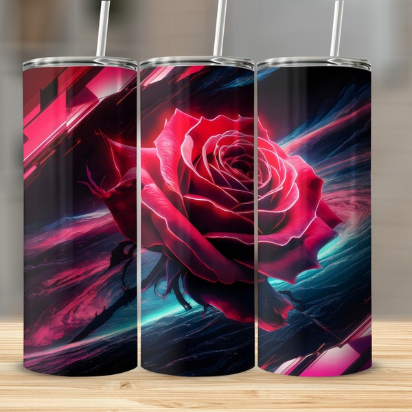 Neon Rose Digital PNG, 20oz Tumbler Wrap, Vibrant Floral Sublimation Design, Cyberpunk Flower Wrap, Instant Download, Bright Pink and Blue