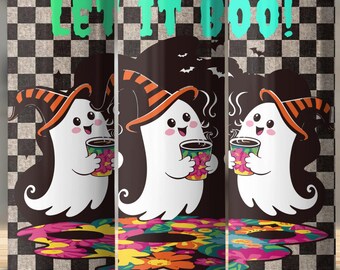 Envoltura para vaso de Halloween Let It Boo, vaso delgado de 20 oz, PNG, descarga digital, sublimación, café fantasma, cuadros otoñales