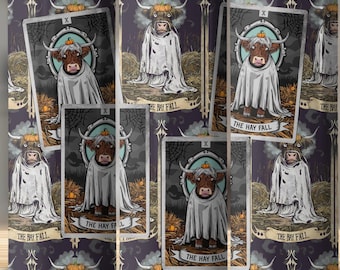 Caprichosa carta de tarot de Halloween PNG, envoltura de vaso flaco de 20 oz, descarga digital de vaca espeluznante, arte imprimible, diseño de vaca bruja
