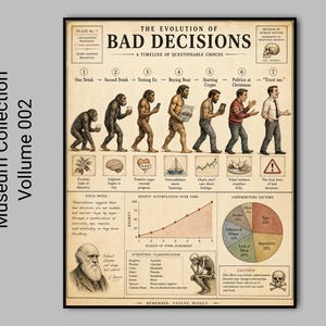 Museumposter evolutie van slechte beslissing | Vintage specimencollectie | Curiosity-kastkunst aan de muur | Humormuseumafdruk | Digitale download