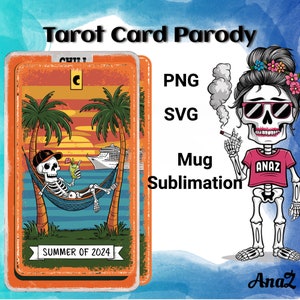 Carta de tarot digital retro verano 2024, carta de tarot Skeleton Beach Vibes, carta de tarot de crucero vintage arte descargable