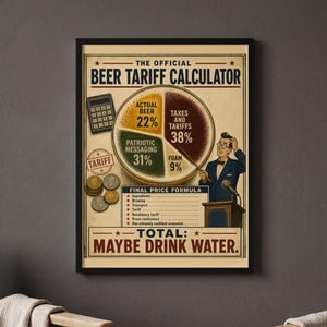May include: A framed poster titled The Official Beer Tariff Calculator featuring a pie chart showing beer composition percentages, a calculator, coins, and an illustration of a person in a suit at a podium with the text Total: Maybe Drink Water.