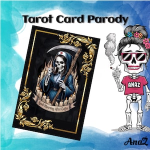 Buen luto Digital Tarot Card Parodia PNG, Diseño divertido de la muerte, Arte humorístico amante del café, Enfermera esqueleto gótica, Comedia oscura