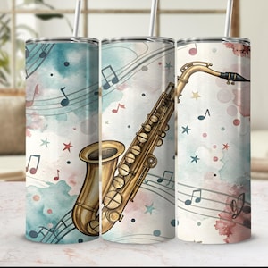 Saxofoon jazzmuziek aquarel 20oz mager beker wrap PNG digitale download, cadeau jazzliefhebber, muzikant kunst