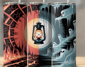 Envoltura para vaso de fuego y hielo PNG: Diseño de sublimación de linterna fantasma (descarga digital)