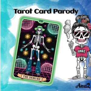 Retro bescheidenheid tarotkaart PNG, digitale skeletkunst, retro discostijl PNG, eigenzinnige tarotkaartillustratie, humoristische spirituele afdrukbare