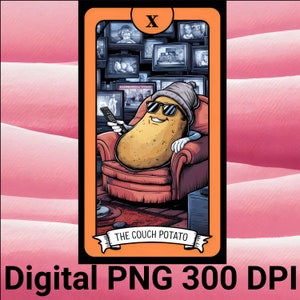 Couch Potato Funny Tarot Card Digital PNG, Ilustración humorística, Tarot Deck Card 10, Arte digital único para descargar, Diseño de camiseta