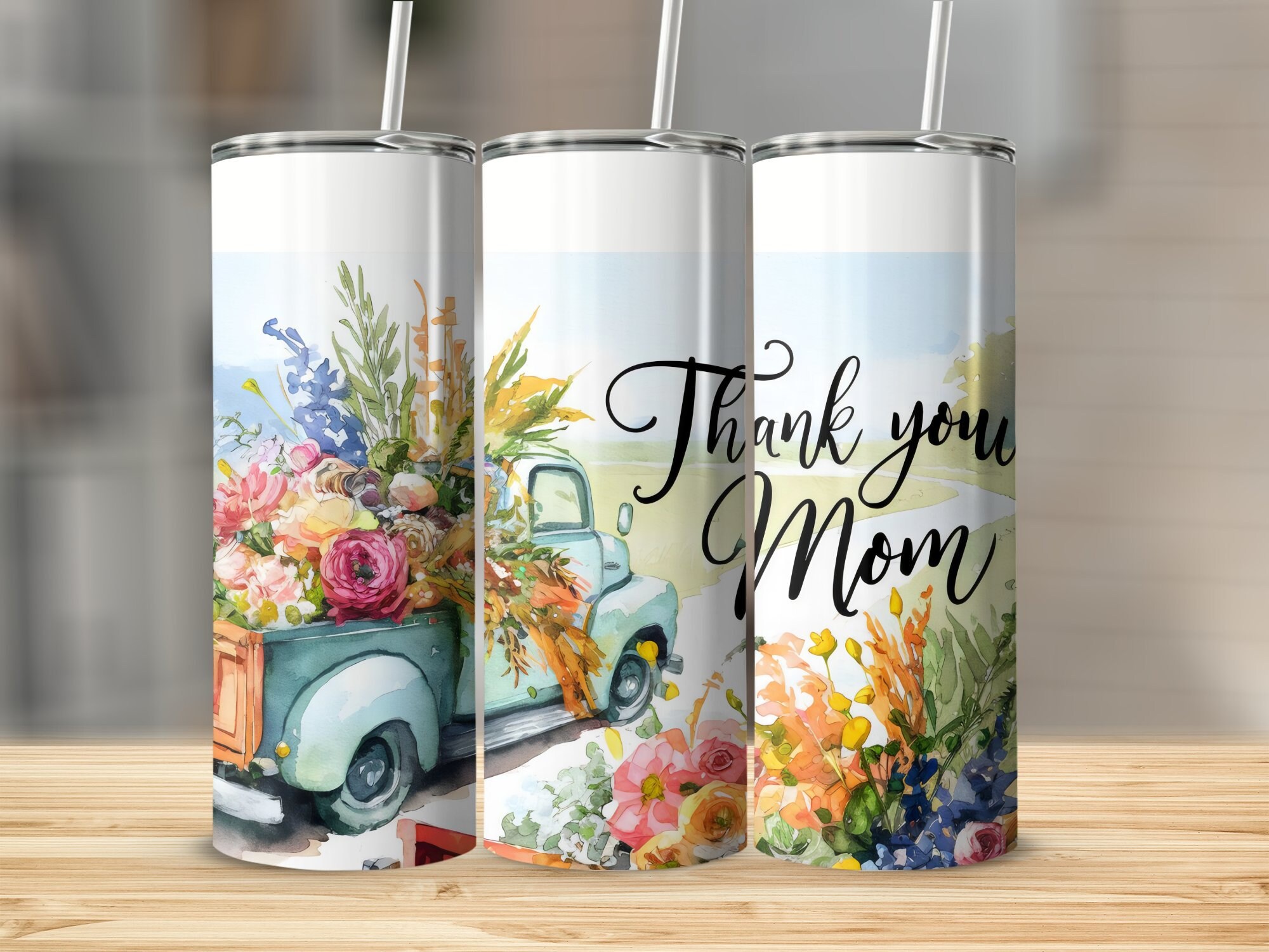 Envoltorio de vaso "Gracias Mamá" con diseño de camión floral (descarga digital)