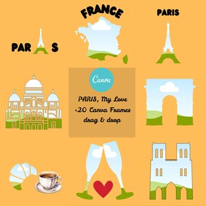 Paris FRANCE Canva Frame Template Bundle, Iconic landmarks Editable Images, Eiffel Tower Notre Dame Custom for shirts, tumblers French Vibes