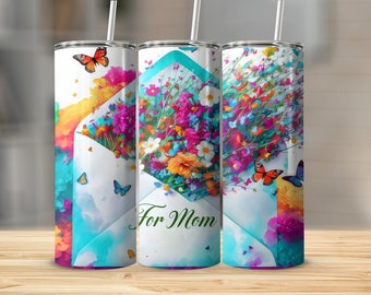 Envoltura de vaso flaco floral digital, diseño de mariposa colorida, plantilla de vaso de 20 oz, regalo del Día de la Madre imprimible, descarga digital
