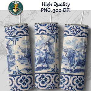 May include: A blue and white patterned tumbler with a design of a windmill and a Highland cow. The tumbler is perfect for adding a touch of Dutch charm to your home.