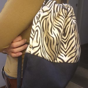 Handmade Drawstring Backpack - Black Cotton & Zebra Print Set