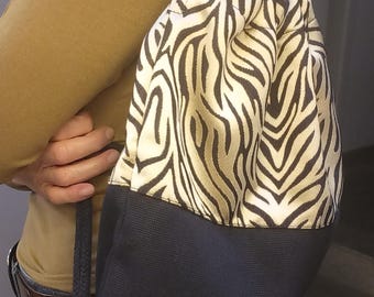 Handmade Drawstring Backpack - Black Cotton & Zebra Print Set