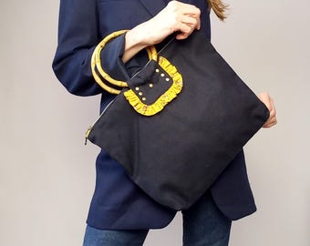 Handbag, Handbag with wooden handles, Handbag for her, Handmade bag, Ruffled bag, Black bag, Boho bag, It-bag