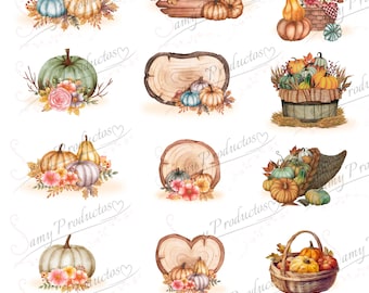 May include: A set of ten digital illustrations featuring watercolor pumpkins, gourds, leaves, flowers, and wood slices. The illustrations are perfect for fall-themed crafts, scrapbooking, and digital design projects.