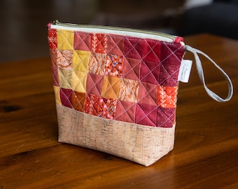 Quilted Bag, with gusset, oranges and reds, cork fabric bottom