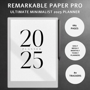 Agenda quotidien premium minimaliste pour papier reMarkable Pro - Édition 2025 (4 versions : début du lundi/dimanche, horizontal/vertical) - Trackers