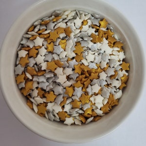 Metallic Star Cake Sprinkles: Silver, Gold, White - Vegan, Halal, Gluten-Free