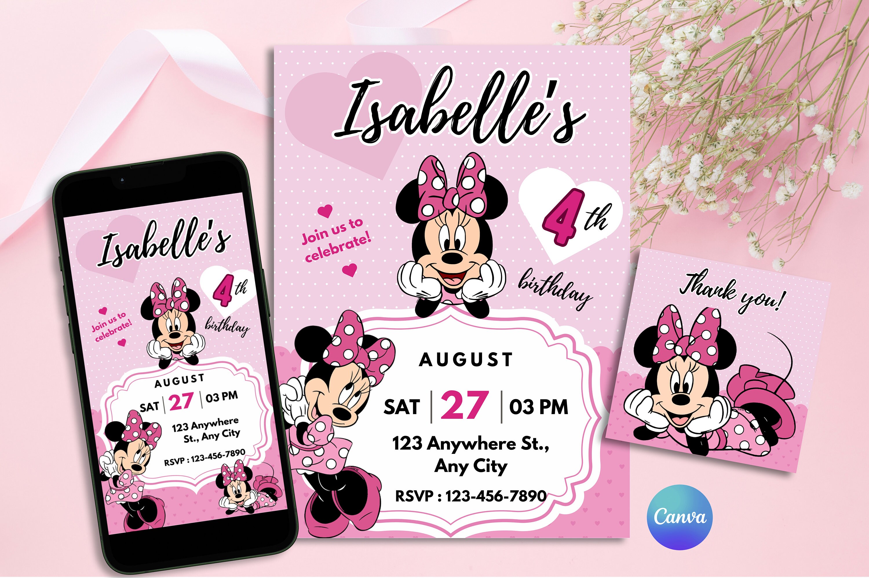 Editable Pink Minnie Mouse Birthday Invitation, Girls Birthday ...