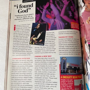 May include: A magazine page with a pink and white colour scheme featuring a young woman singing on stage with a microphone. The article is about finding God and features a quote from the woman, "I found God".
