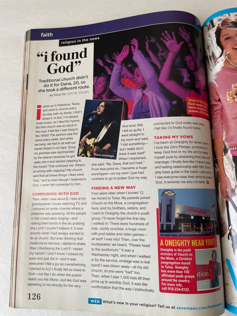 May include: A magazine page with a pink and white colour scheme featuring a young woman singing on stage with a microphone. The article is about finding God and features a quote from the woman, "I found God".