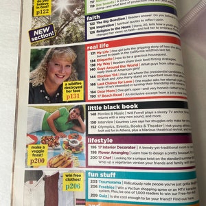 May include: A magazine page with the title "August 2004" and sections for health, faith, real life, little black book, lifestyle, fun stuff, and and...  The page features articles on topics such as nutrition, relationships, and entertainment.  The magazine also includes a calendar, horoscope, and editor's letter.