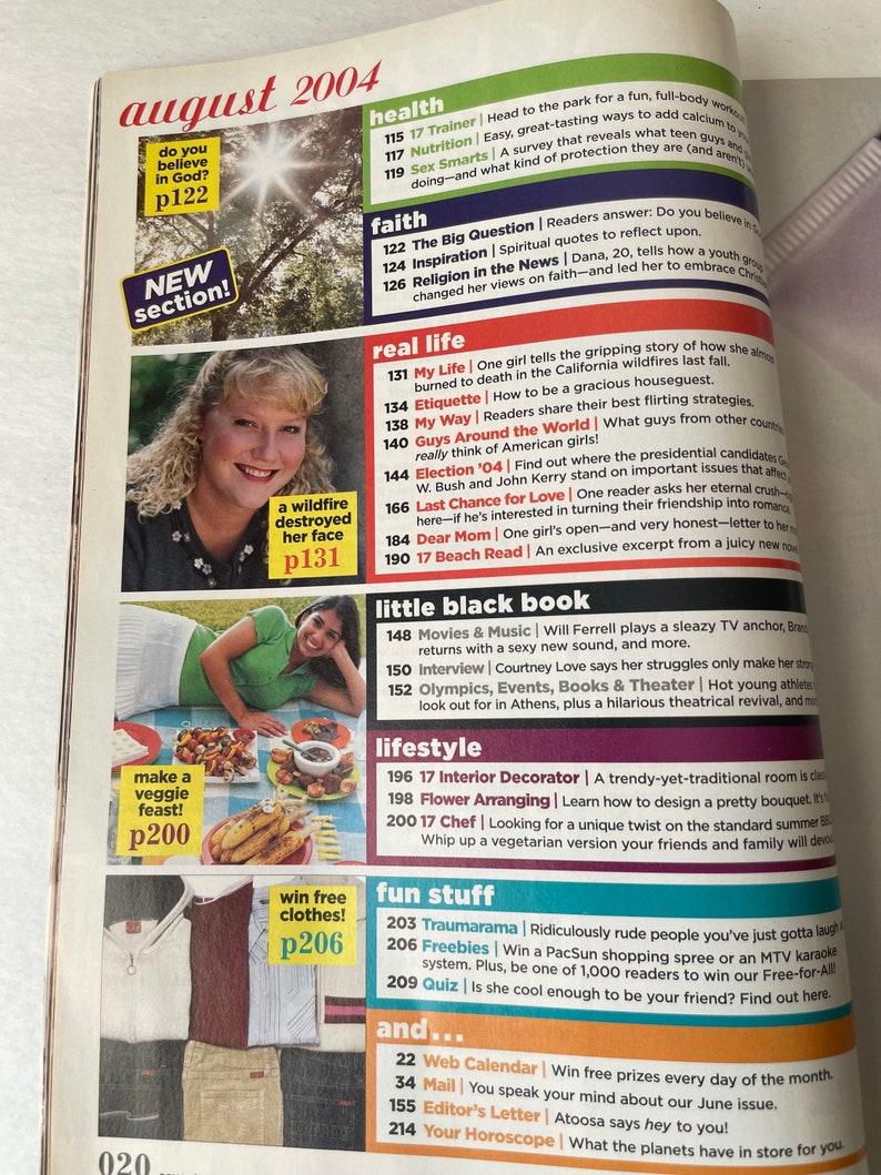 May include: A magazine page with the title "August 2004" and sections for health, faith, real life, little black book, lifestyle, fun stuff, and and...  The page features articles on topics such as nutrition, relationships, and entertainment.  The magazine also includes a calendar, horoscope, and editor's letter.
