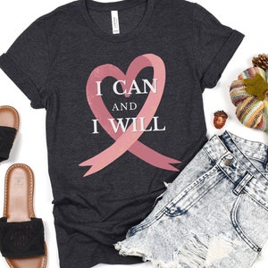 I Can and I Will Breast Cancer Survivor T Shirt, Pinktober Pink Ribbon Heart Graphic Tee, Chemo  Support Short Sleeve, Cancer Awareness Top