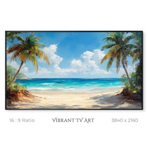 Beach Frame TV Art, Tropical Beach TV Art, Summer Tv Art, Beach Landscape Painting, Palm Trees, Digital Download