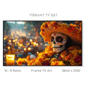 Dia de Muertos Frame TV Art, Halloween TV Art, Mexican Holiday Art, Painted Skeleton, Digital Download