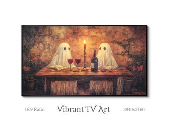 Cuadro de estilo vintage fantasma para TV, arte de TV con marco de Halloween, ilustraciones de TV con fantasmas adorables, arte digital rústico otoñal, arte de TV con marco de fantasmas espeluznantes