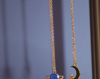 Gold Moon and Saturn Friendship necklaces