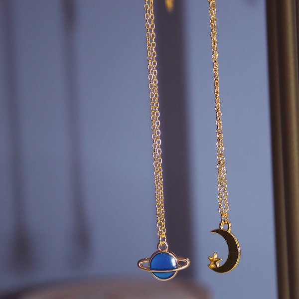 Gold Moon and Saturn Friendship necklaces