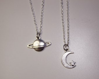 Silver Moon and Saturn Friendship Necklaces