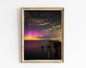 Aurora Borealis Coastal Photo Print, Northern Lights Landscape (Digital Download)