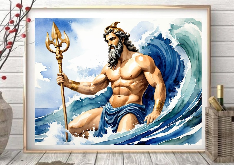 Poseidon Watercolor Art Print: Greek Mythology God of the Sea (digital ...