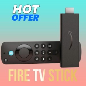 May include: A black Amazon Fire TV Stick streaming device with a matching remote control featuring a circular navigation pad, a blue voice command button, and various playback controls. The text HOT OFFER and FIRE TV STICK are visible.