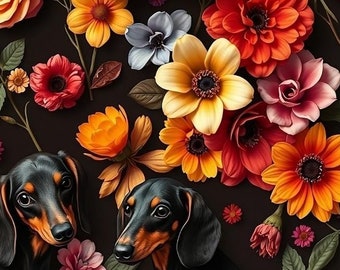 May include: A framed print showcasing a colourful floral design with roses, dahlias, and other flowers in red, orange, yellow, and blue. Two dachshunds with black and tan coats are set amongst the blooms, creating a charming and vibrant composition.