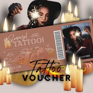 Cartão de presente de tatuagem EDITÁVEL | Modelo de bilhete de tatuagem | Vale-presente de tatuagem | Vale-presente de aniversário | Voucher de tatuagem surpresa | Modelo Canva com tinta