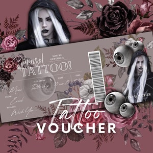Cartão de presente de tatuagem EDITÁVEL | Modelo de bilhete de tatuagem | Vale-presente de tatuagem | Vale-presente de aniversário | Voucher de tatuagem surpresa | Modelo Canva com tinta