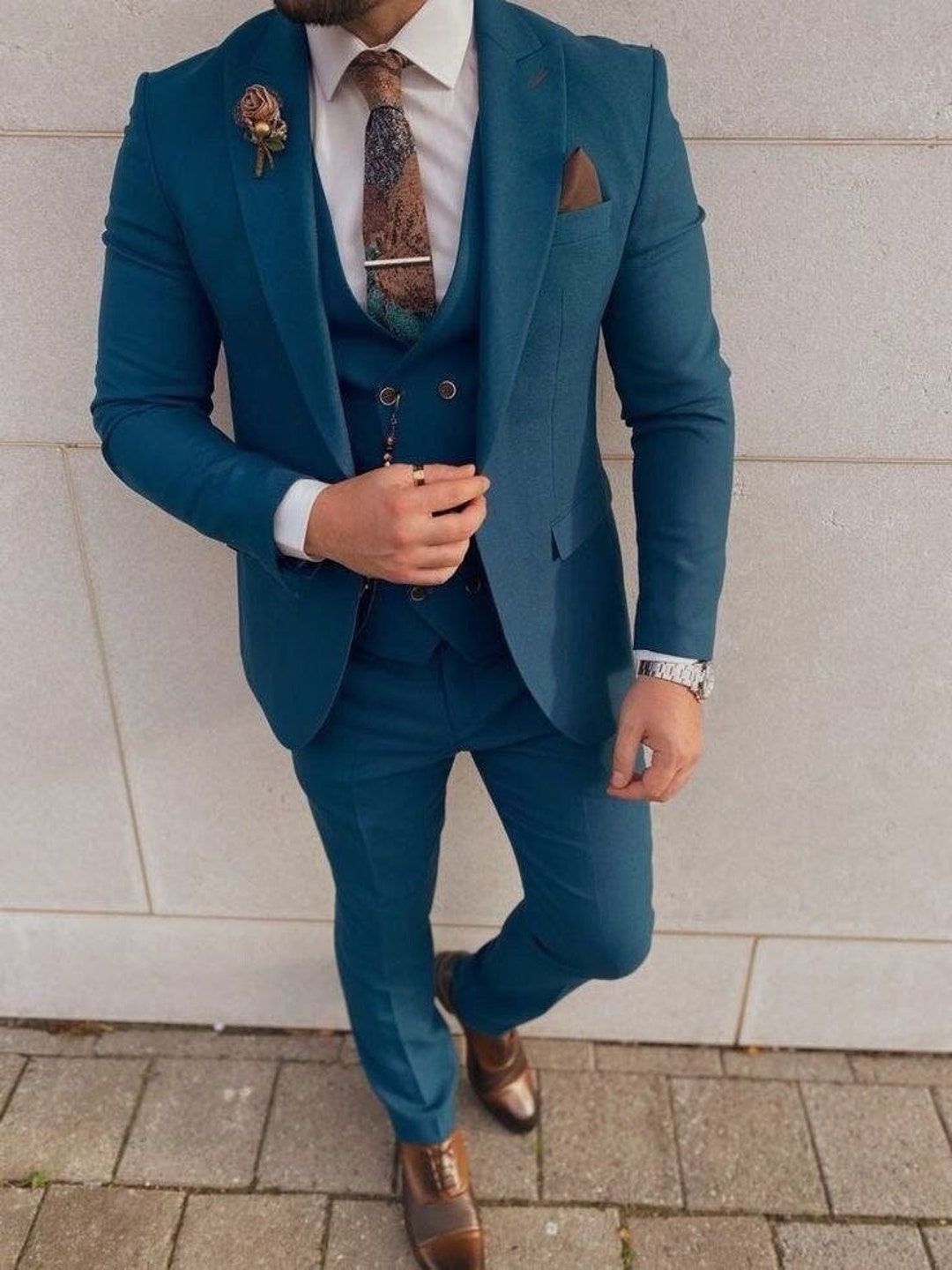 Trendy Customize Three Piece Teal Notch Collar Mens Suit for Wedding ...