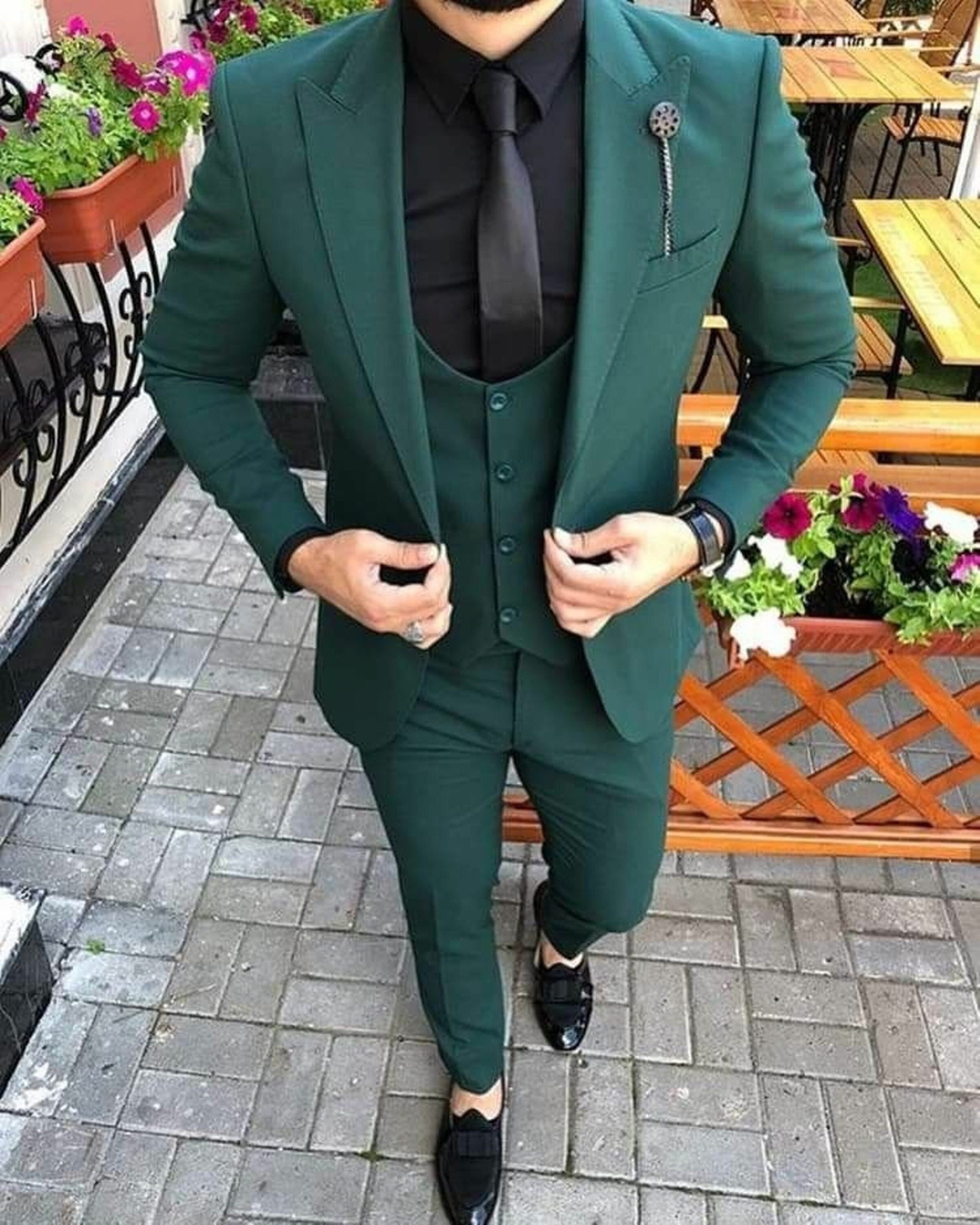 Men Suit Slim Fit Stylish Three Piece Green Mens Suit for Wedding