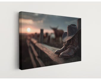 Texas Cowboy Sunset Canvas Art – Western Wall Decor – Rustic Boots and Hat Country Print
