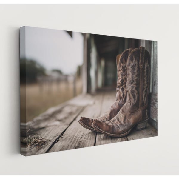 Worn Cowboy Boots Canvas Wall Art – Rustic Western Ranch Decor – Texas Farmhouse Country Print