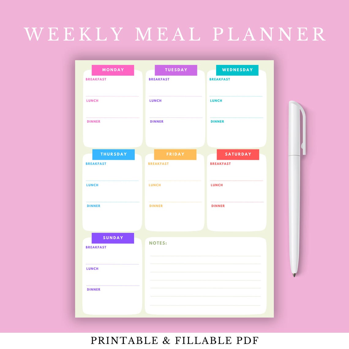 Weekly Meal Planner Printable | Meal Planner Template | Weekly Meal