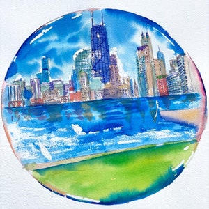 Chicago skyline in a bubble- Original Watercolor Painting