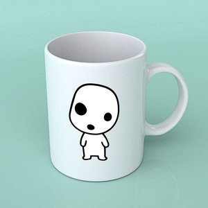 May include: White ceramic mug with a black and white cartoon character illustration. The character has a round head, two large eyes, and a small mouth.