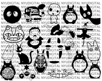 May include: Black and white illustrations of characters from the animated film My Neighbor Totoro. The characters include Totoro, the Catbus, and other creatures from the film.