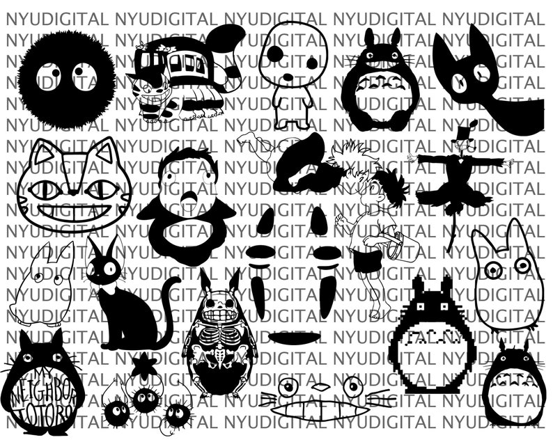 May include: Black and white illustrations of characters from the animated film My Neighbor Totoro. The characters include Totoro, the Catbus, and other creatures from the film.